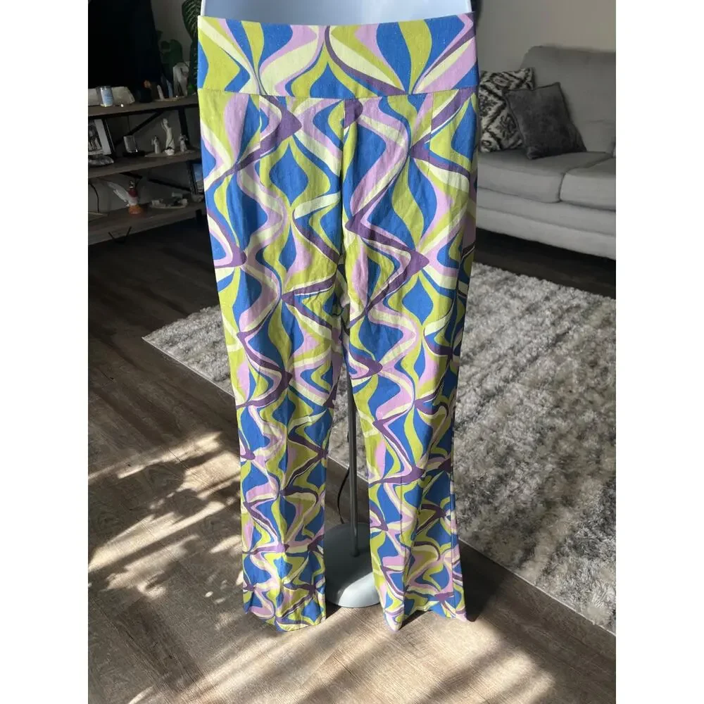NWT Zara Linen Blend Flared High Rise Pants Multicolor Geometric Print Sz S #754